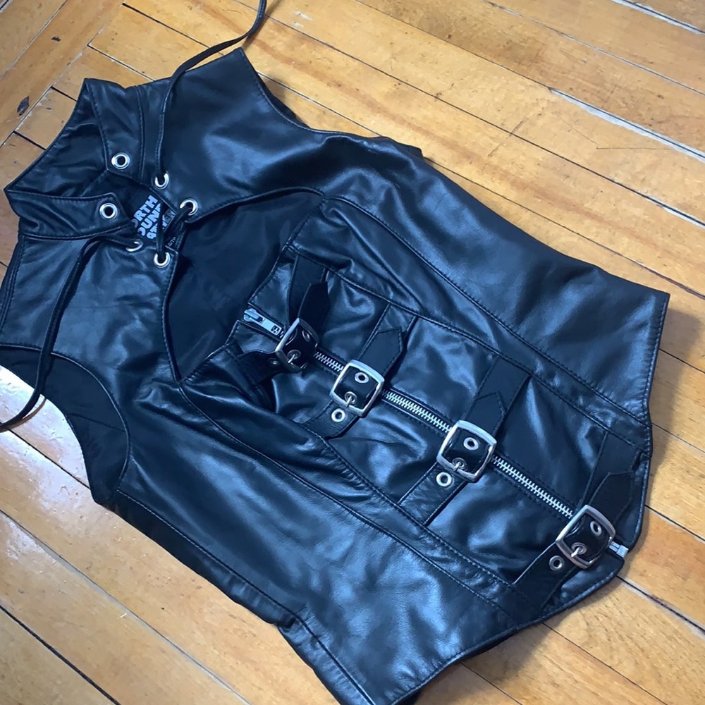 Northbound Leather Buckle top with lace up neck, womens leather fetish halter xs
